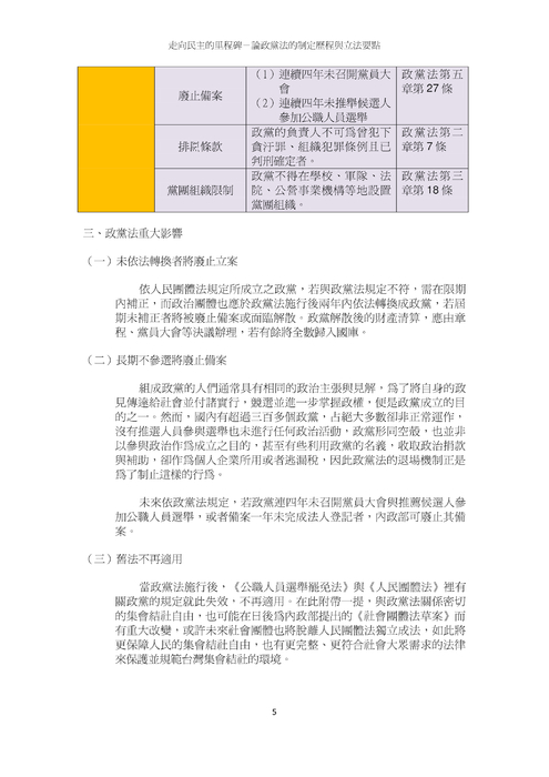 走向民主的里程碑-論政黨法的制定歷程與立法要點 走向民主的里程碑-論政黨法的制定歷程與立法要點
