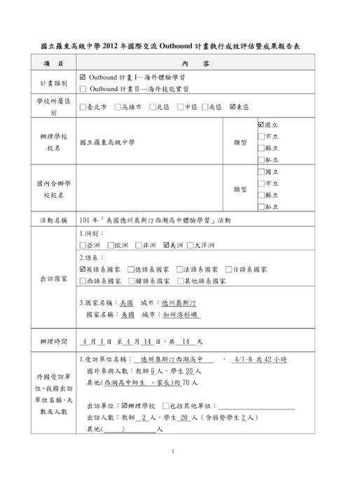 1.羅東高中2012年國際交流成效報告表 1.羅東高中2012年國際交流成效報告表