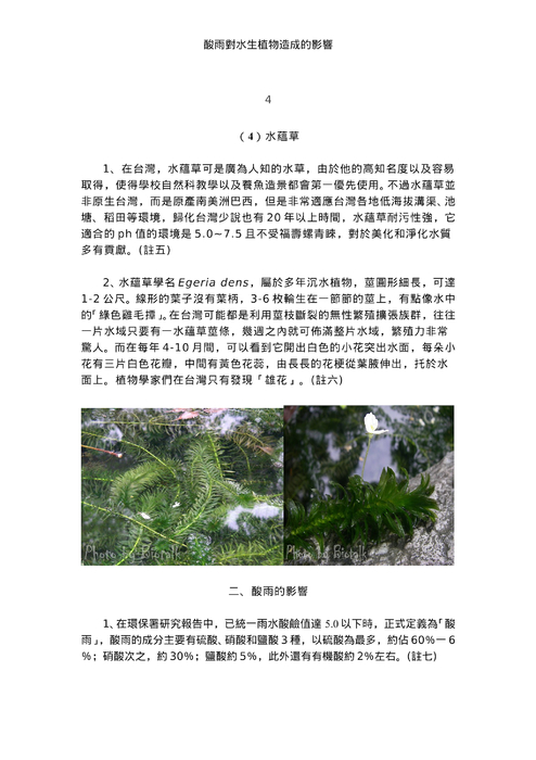 酸雨對水生植物造成的影響