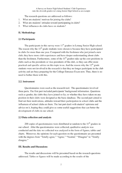a survey on senior high school students’ club experiences
