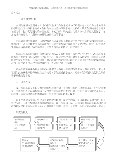 單親家庭子女自我概念、承擔親職角色、親子關係與自我敘說之研究 單親家庭子女自我概念、承擔親職角色、親子關係與自我敘說之研究